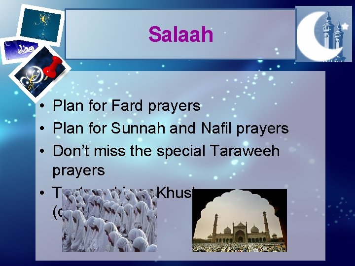Salaah • Plan for Fard prayers • Plan for Sunnah and Nafil prayers •