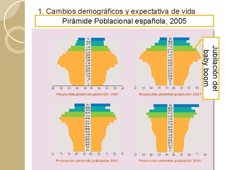 1. Cambios demográficos y expectativa de vida Pirámide Poblacional española, 2005 Jubilación del baby