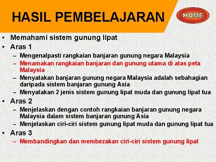 HASIL PEMBELAJARAN • Memahami sistem gunung lipat • Aras 1 – Mengenalpasti rangkaian banjaran