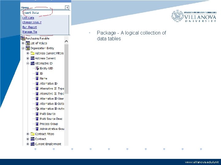 • Package - A logical collection of data tables www. villanova. edu/unit • Package - A logical collection of data tables www. villanova. edu/unit