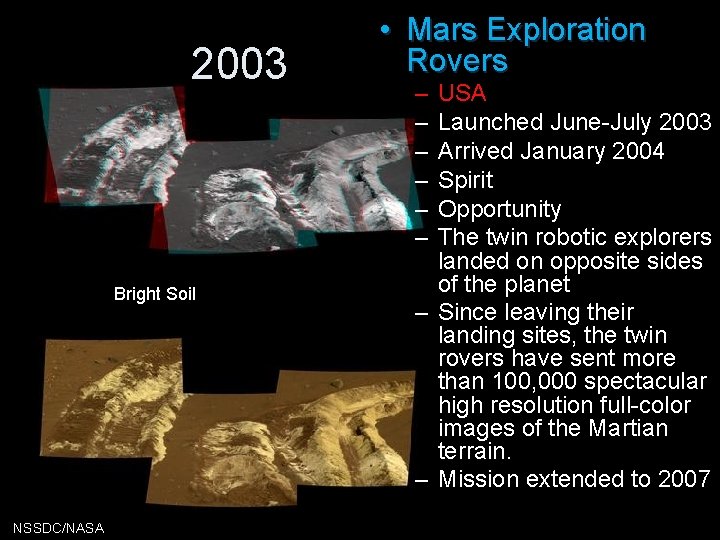2003 Bright Soil NSSDC/NASA • Mars Exploration Rovers – – – USA Launched June-July