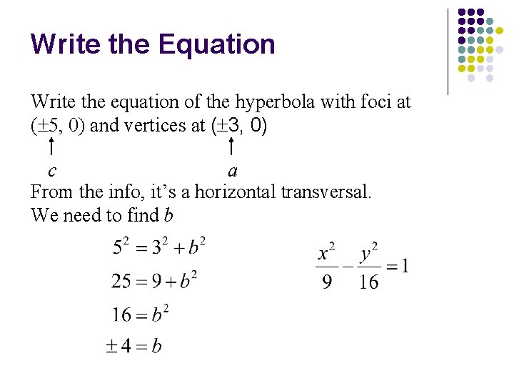 Write the Equation Write the equation of the hyperbola with foci at ( 5,