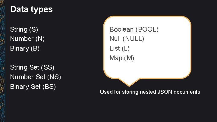 Data types String (S) Number (N) Binary (B) String Set (SS) Number Set (NS)