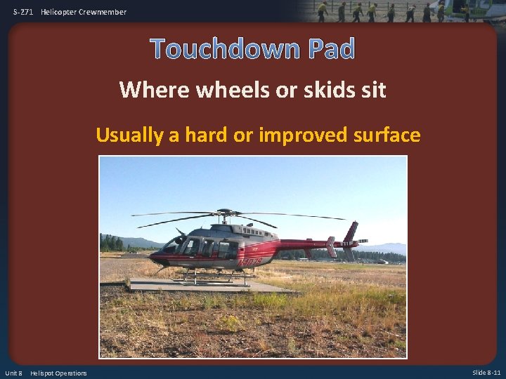 S-271 Helicopter Crewmember Touchdown Pad Where wheels or skids sit Usually a hard or