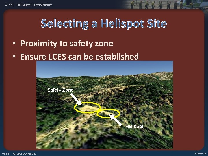 S-271 Helicopter Crewmember Selecting a Helispot Site • Proximity to safety zone • Ensure