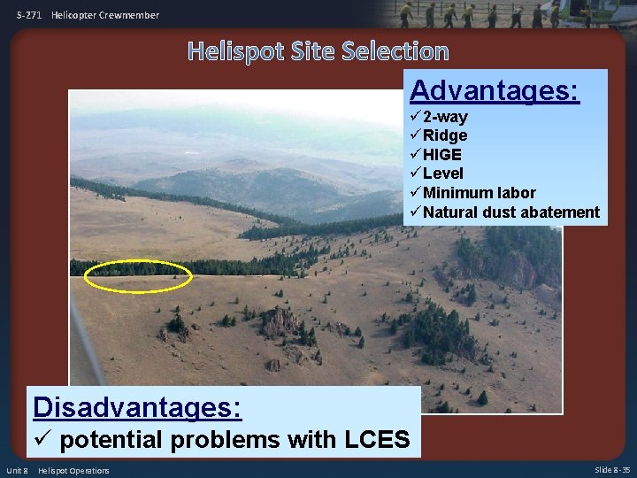 S-271 Helicopter Crewmember Helispot Site Selection Advantages: ü 2 -way üRidge üHIGE üLevel üMinimum