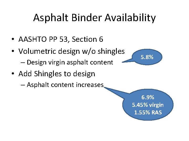 Asphalt Binder Availability • AASHTO PP 53, Section 6 • Volumetric design w/o shingles