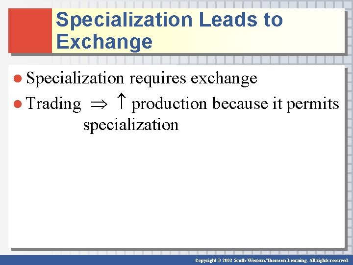 Specialization Leads to Exchange ● Specialization requires exchange ● Trading production because it permits