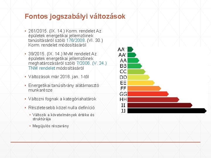 Fontos jogszabályi változások ▪ 261/2015. (IX. 14. ) Korm. rendelet Az épületek energetikai jellemzőinek