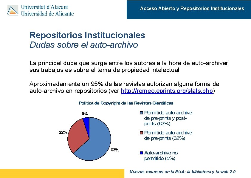 Acceso Abierto y Repositorios Institucionales Dudas sobre el auto-archivo La principal duda que surge