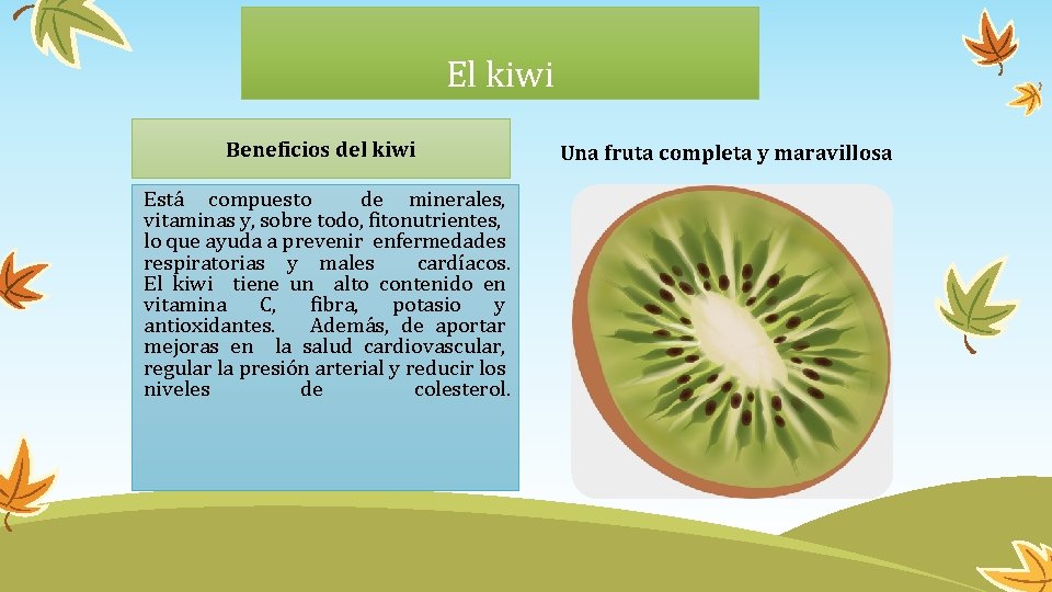 El kiwi Beneficios del kiwi Está compuesto de minerales, vitaminas y, sobre todo, fitonutrientes,