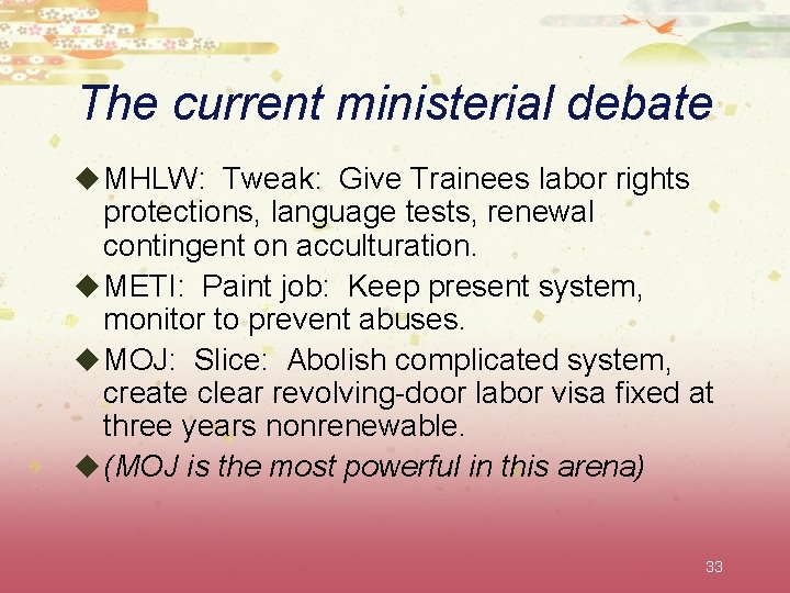 The current ministerial debate u MHLW: Tweak: Give Trainees labor rights protections, language tests,