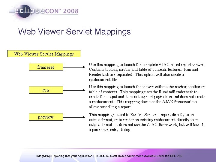 Web Viewer Servlet Mappings frameset run preview Use this mapping to launch the complete