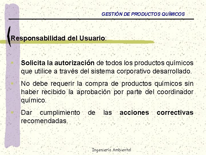 GESTIÓN DE PRODUCTOS QUÍMICOS Responsabilidad del Usuario: Usuario § Solicita la autorización de todos