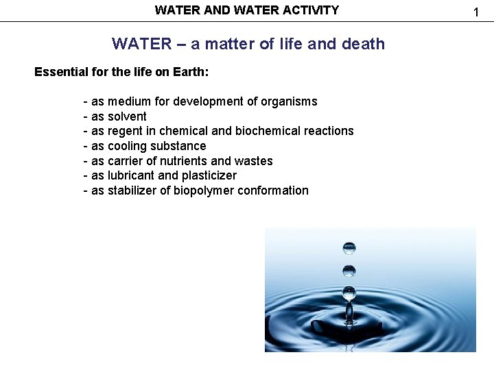 WATER AND WATER ACTIVITY WATER – a matter of life and death Essential for