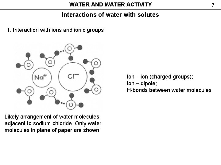 WATER AND WATER ACTIVITY Interactions of water with solutes 1. Interaction with ions and
