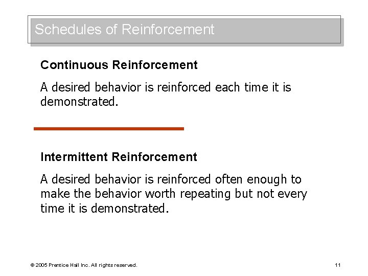 Schedules of Reinforcement Continuous Reinforcement A desired behavior is reinforced each time it is