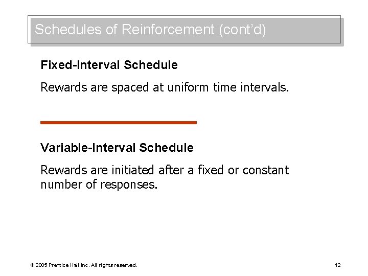 Schedules of Reinforcement (cont’d) Fixed-Interval Schedule Rewards are spaced at uniform time intervals. Variable-Interval