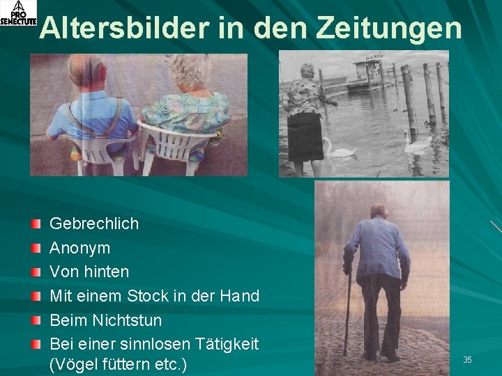 Altersbilder in den Zeitungen Gebrechlich Anonym Von hinten Mit einem Stock in der Hand