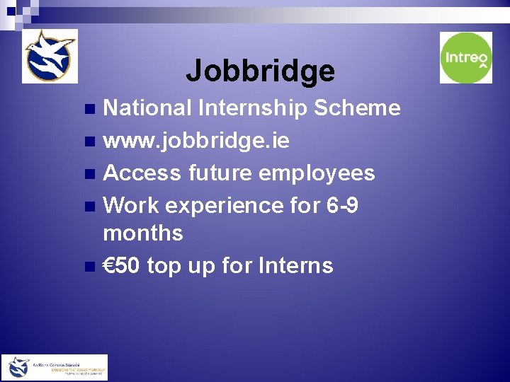 Jobbridge National Internship Scheme n www. jobbridge. ie n Access future employees n Work