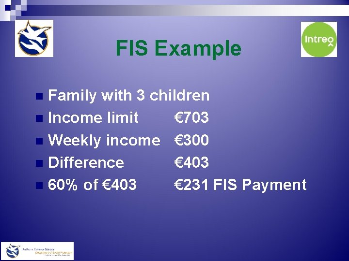 FIS Example Family with 3 children n Income limit € 703 n Weekly income