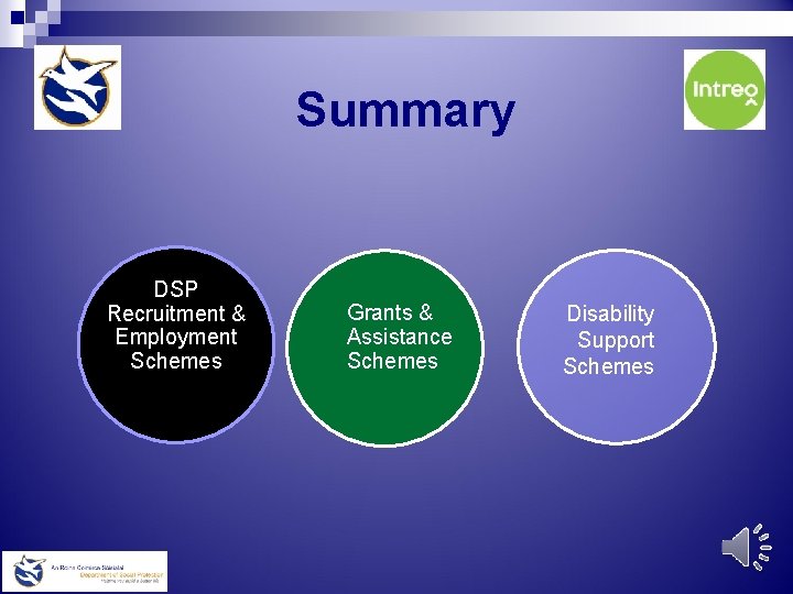 Summary DSP Recruitment & Employment Schemes Grants & Assistance Schemes Disability Support Schemes 