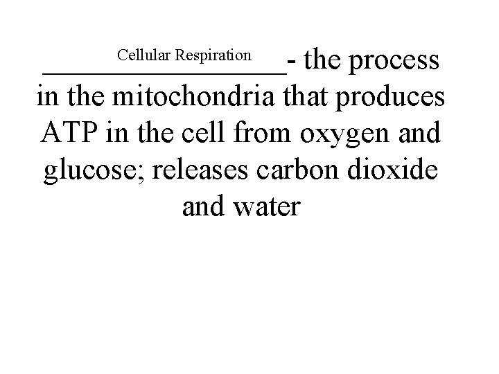 Cellular Respiration ________- the process in the mitochondria that produces ATP in the cell