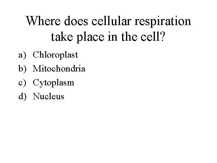 Where does cellular respiration take place in the cell? a) b) c) d) Chloroplast