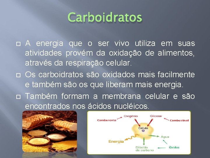 Carboidratos A energia que o ser vivo utiliza em suas atividades provém da oxidação
