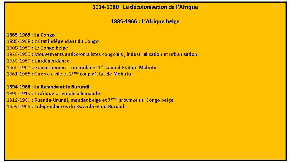 1914 -1980 : La décolonisation de l’Afrique 1885 -1966 : L’Afrique belge 1885 -1965