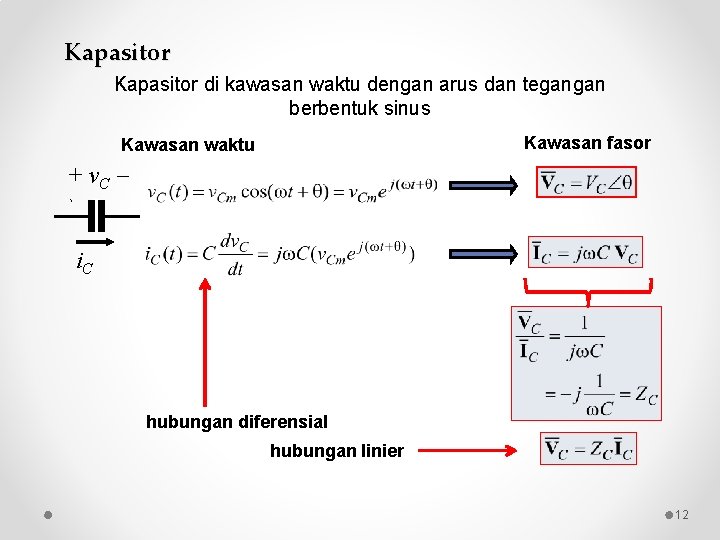 Kapasitor di kawasan waktu dengan arus dan tegangan berbentuk sinus Kawasan fasor Kawasan waktu