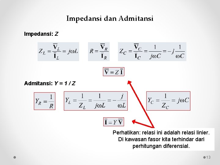 Impedansi dan Admitansi Impedansi: Z Admitansi: Y = 1 / Z Perhatikan: relasi ini