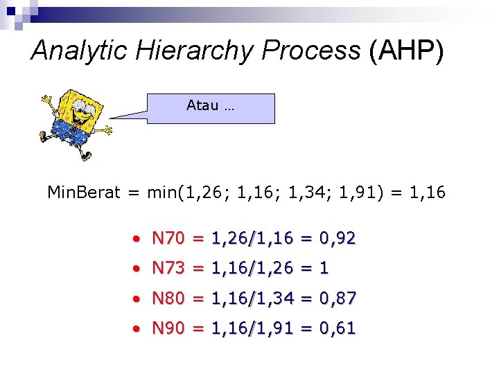 Analytic Hierarchy Process (AHP) Atau … Min. Berat = min(1, 26; 1, 16; 1,