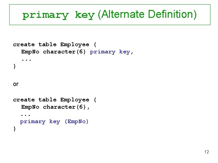 primary key (Alternate Definition) create table Employee ( Emp. No character(6) primary key, .