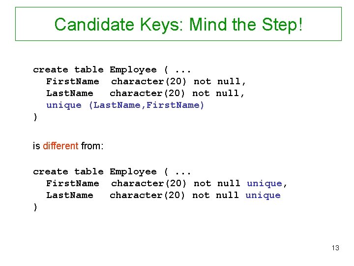 Candidate Keys: Mind the Step! create table Employee (. . . First. Name character(20)