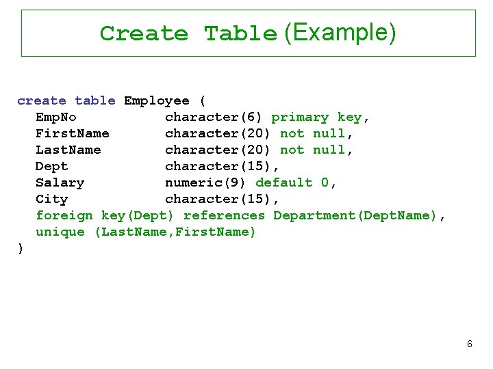 Create Table (Example) create table Employee ( Emp. No character(6) primary key, First. Name