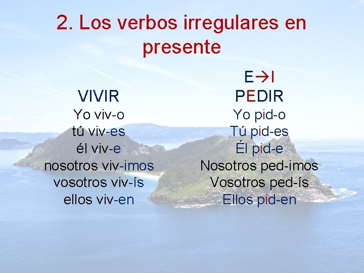 2. Los verbos irregulares en presente VIVIR E I PEDIR Yo viv-o tú viv-es