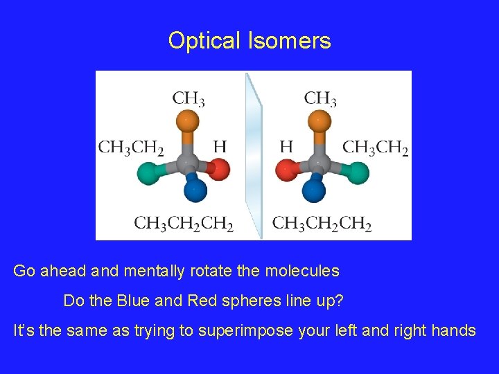 Optical Isomers Go ahead and mentally rotate the molecules Do the Blue and Red Optical Isomers Go ahead and mentally rotate the molecules Do the Blue and Red