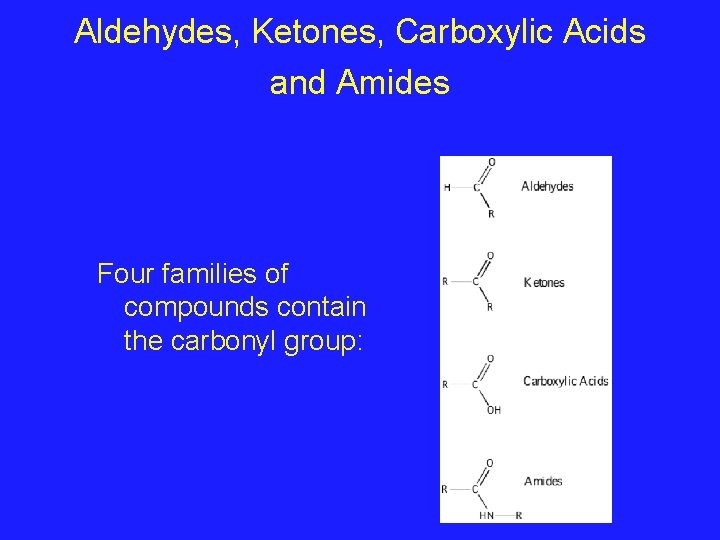 Aldehydes, Ketones, Carboxylic Acids and Amides Four families of compounds contain the carbonyl group: Aldehydes, Ketones, Carboxylic Acids and Amides Four families of compounds contain the carbonyl group: