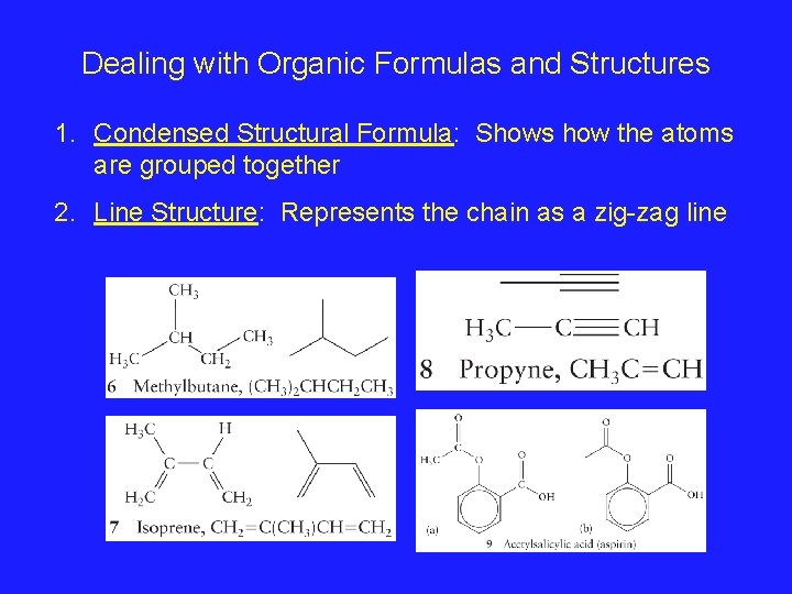 Dealing with Organic Formulas and Structures 1. Condensed Structural Formula: Shows how the atoms