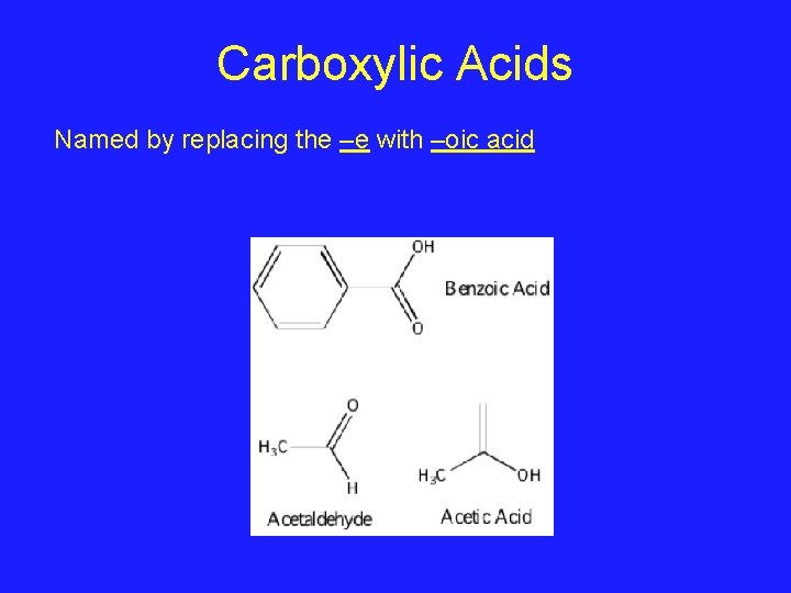 Carboxylic Acids Named by replacing the –e with –oic acid Carboxylic Acids Named by replacing the –e with –oic acid