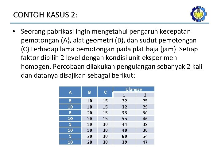 CONTOH KASUS 2: • Seorang pabrikasi ingin mengetahui pengaruh kecepatan pemotongan (A), alat geometri