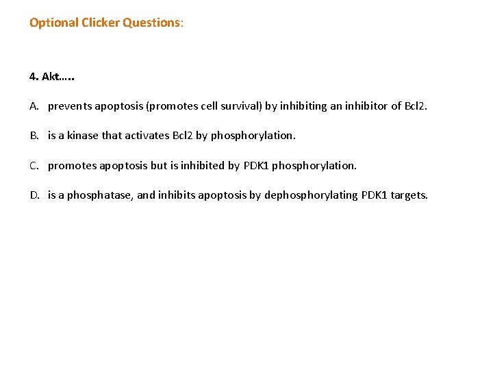 Optional Clicker Questions: 4. Akt…. . A. prevents apoptosis (promotes cell survival) by inhibiting