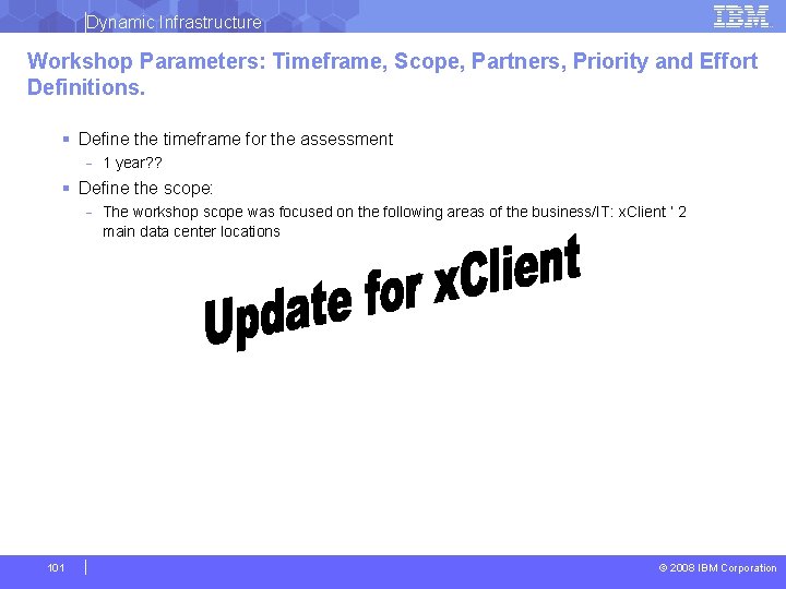 Dynamic Infrastructure Workshop Parameters: Timeframe, Scope, Partners, Priority and Effort Definitions. § Define the