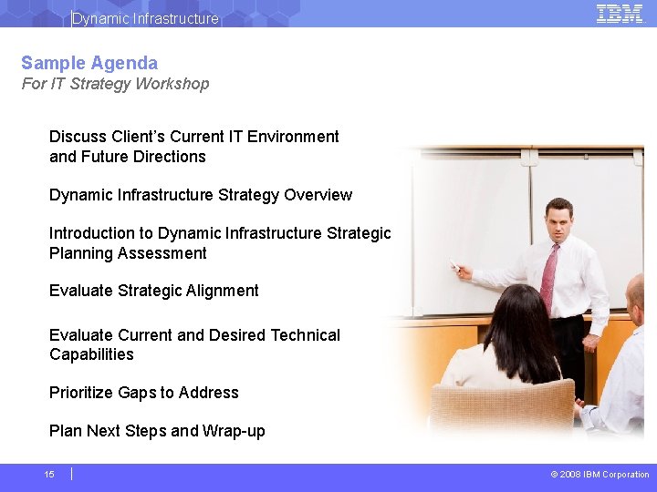 Dynamic Infrastructure Sample Agenda For IT Strategy Workshop Discuss Client’s Current IT Environment and