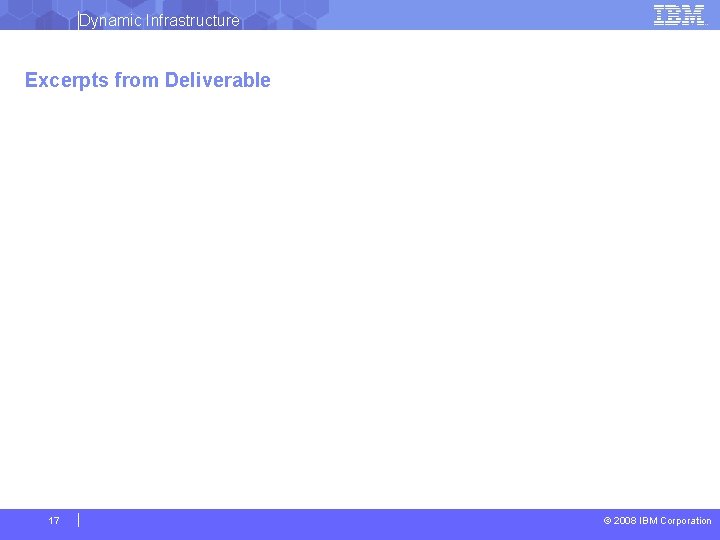 Dynamic Infrastructure Excerpts from Deliverable 17 © 2008 IBM Corporation 