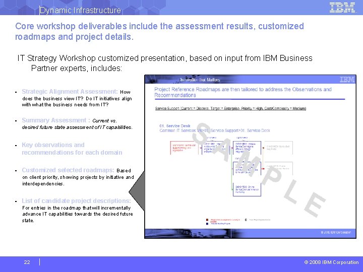 Dynamic Infrastructure Core workshop deliverables include the assessment results, customized roadmaps and project details.