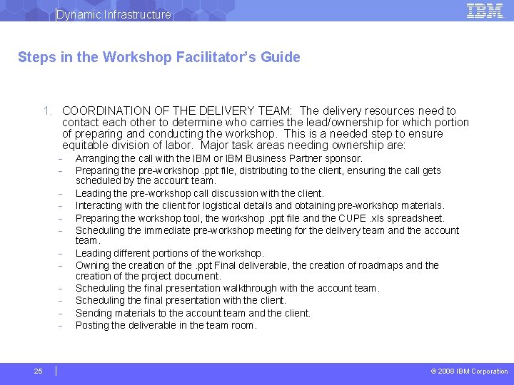 Dynamic Infrastructure Steps in the Workshop Facilitator’s Guide 1. COORDINATION OF THE DELIVERY TEAM: