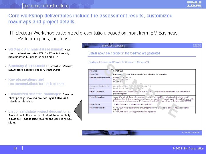 Dynamic Infrastructure Core workshop deliverables include the assessment results, customized roadmaps and project details.