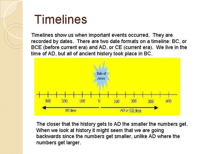 Timelines show us when important events occurred. They are recorded by dates. There are